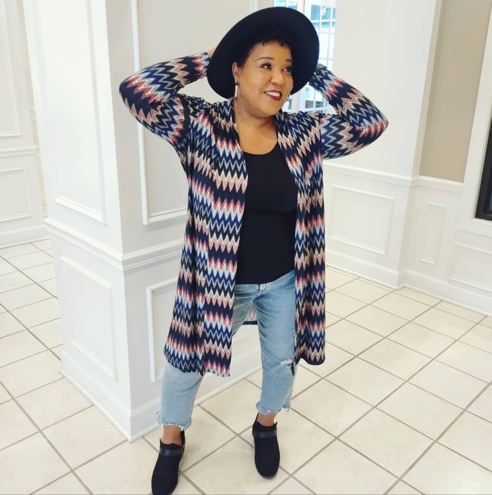 Angie Boho Zigzag Cardigan | Navy Multi Open Front Duster Sweater 1X 2X - Picture 3 of 5